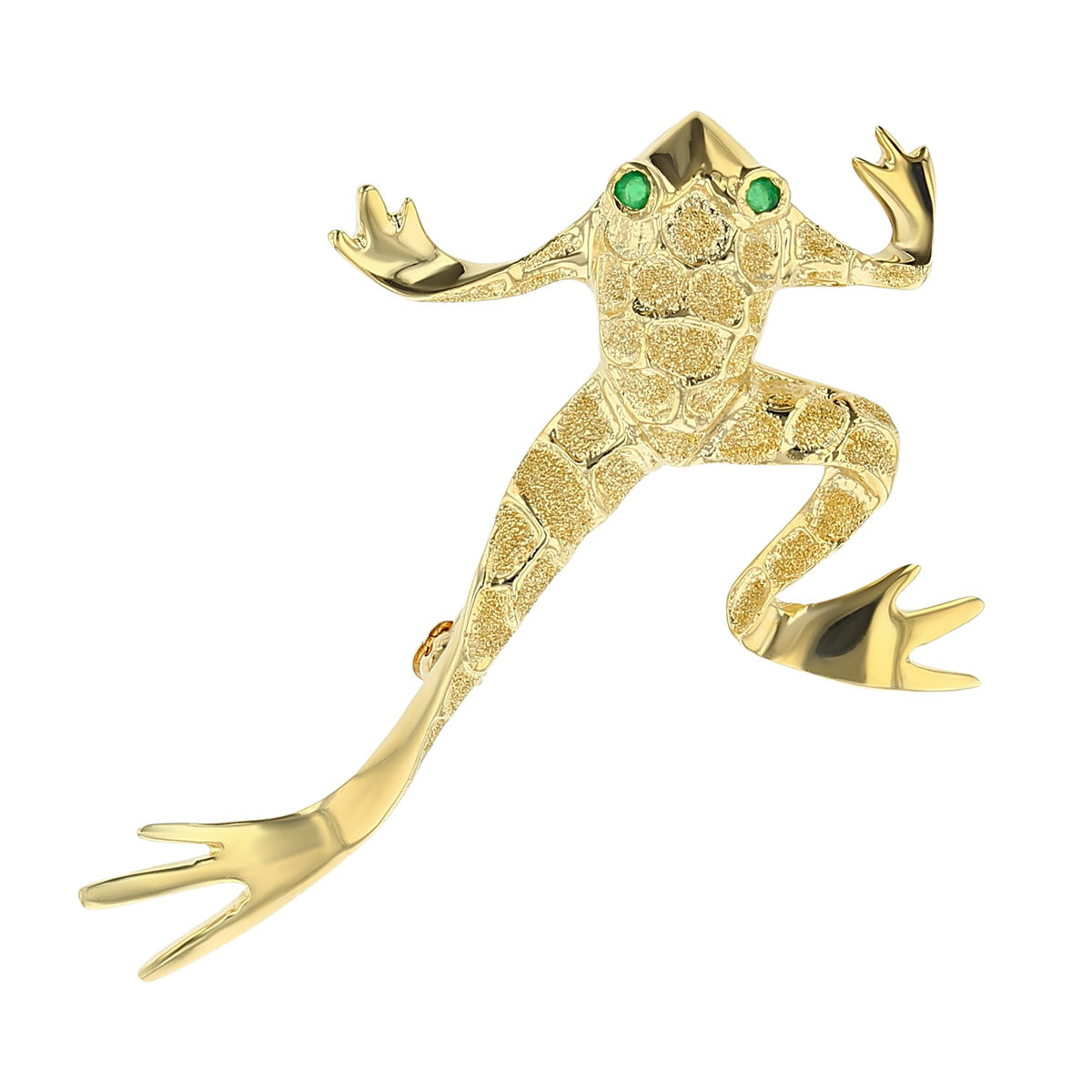 14K Yellow Gold Leap Frog Pin with Emerald Eyes